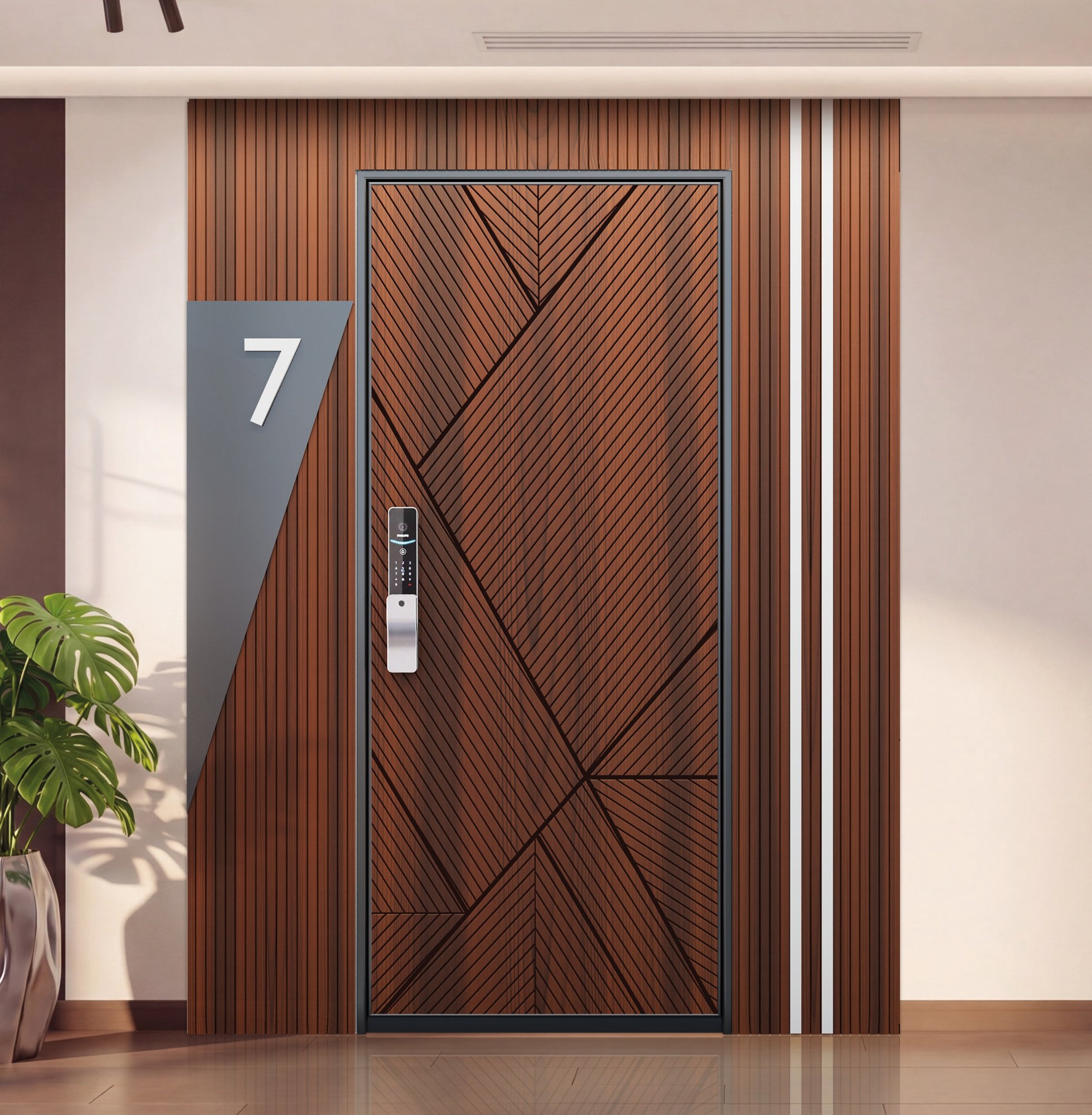 Roodbruine hardhouten deur met geometrische groeven naast een lattenwand