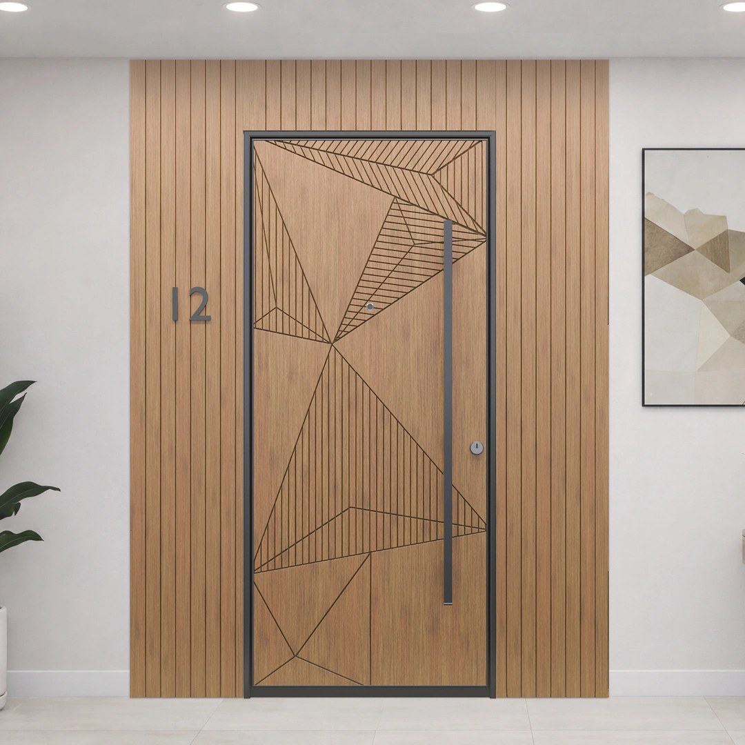 D103 voordeur met geometrisch lijnenpatroon in houtdecor, vlak in een wand met verticale lamellen