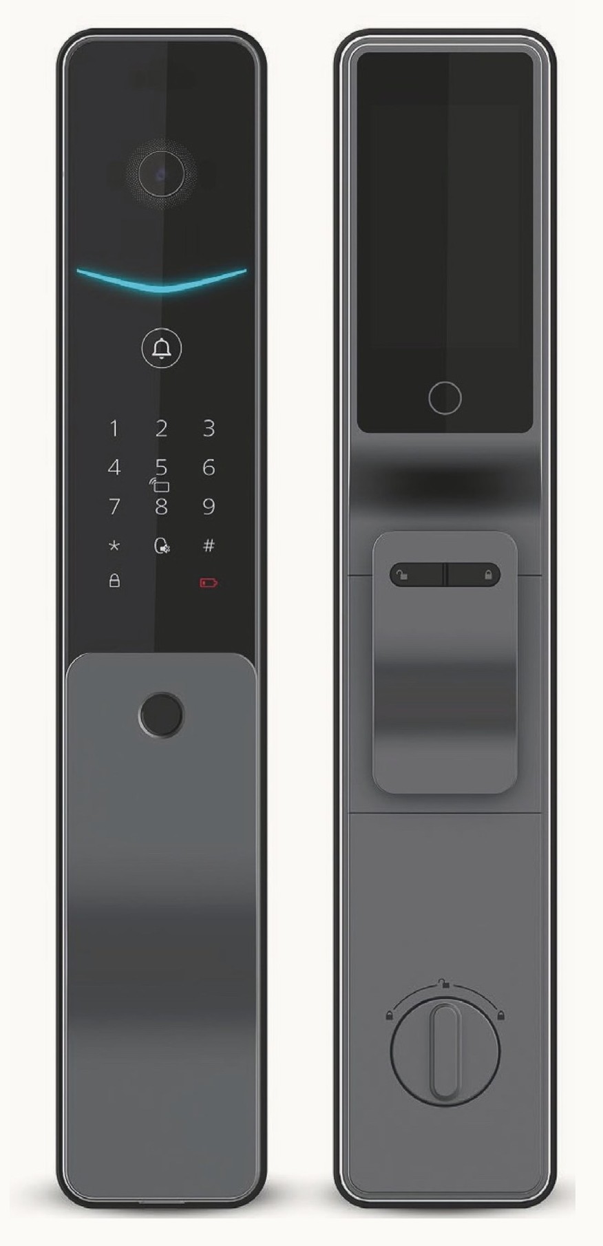 Smart lock met camera, toetsenpaneel en vingerafdruklezer, voor- en achterzijde