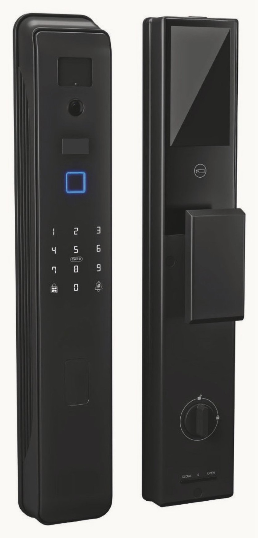 Smart lock met camera, vingerafdruklezer en toetsenpaneel, voor- en achterzijde